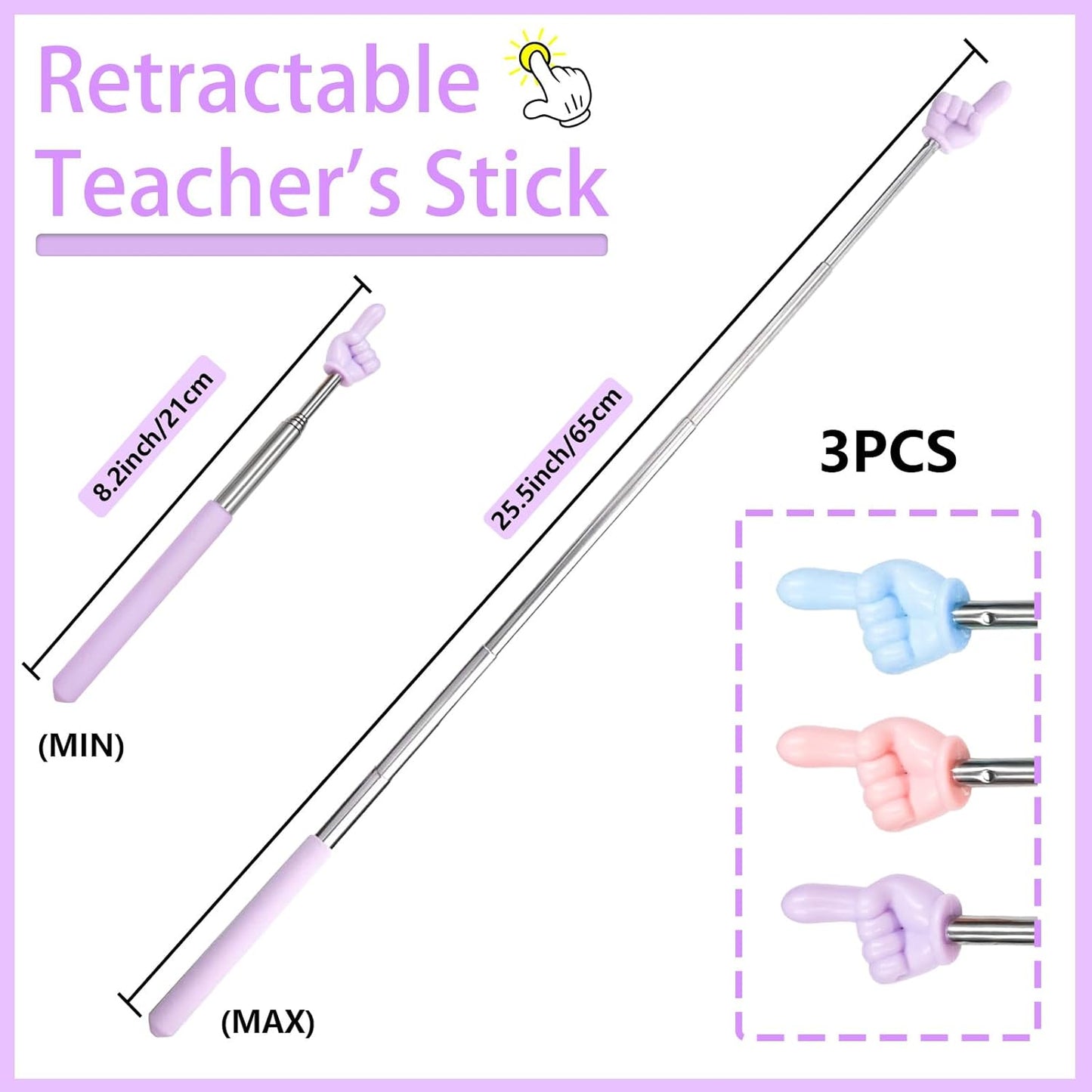 3 PCS Telescopic Pointer Finger Stick,Classroom Finger Pointer Stick Pointers,Kids Reading Finger Pointer Stick,Collapsible Finger Pointing Stick,for School Kindergarten Elementary,Classroom Supplies