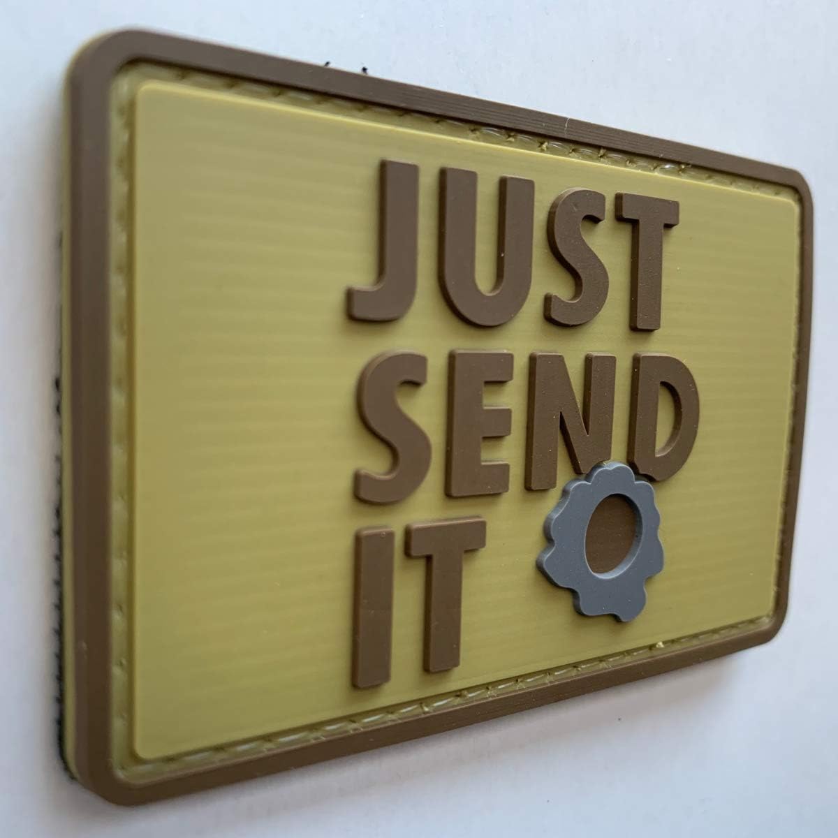Just Send It Sniper Rubber Tactical Patch 2.95x2 inches with Hook Fastener Back for Hats Caps Clothing Vests Bags Backpacks (Tan)