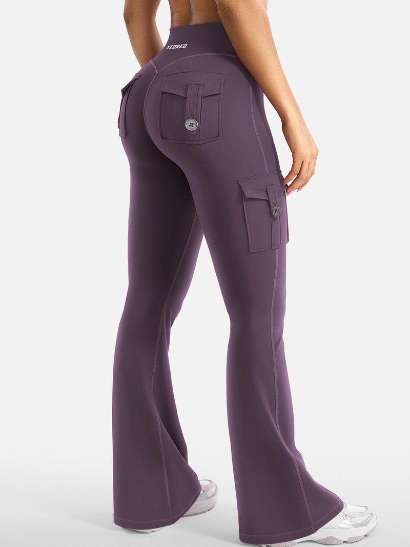 YEOREO CoreFlex Women Workout Flare Leggings with Pockets Hidden Scrunch Cargo Gym Yoga No Front Seam Leggings Black Berry Purple S