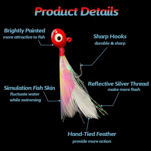 Bombite Oval Crappie Jig Heads with Hand-Tied Feather Rainbow Skin, 10/20Pcs Crappie Fishing Lures Kit for Bass, Trout, Walleye, Panfish, Sunfish, 1/32oz, 1/16oz, 1/8oz