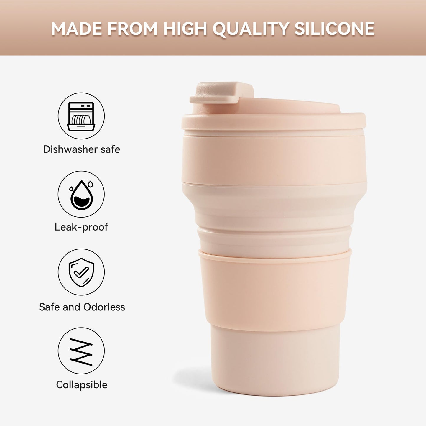 12oz Collapsible Cup for Traveling, Collapsible Silicone Travel Cup for Hot and Cold Drinks, Leak Proof Silicone Folding Travel Coffee Mug for Camping & Hiking, BPA Free Pink
