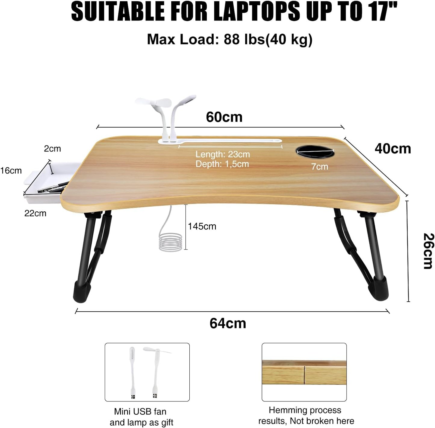 Laptop Bed Desk,Portable Foldable Laptop Lap Desk Tray Table with USB Charge Port/Cup Holder/Storage Drawer,for Bed/Couch/Sofa Working, Reading