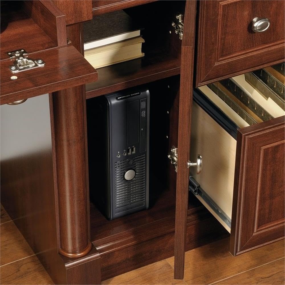 Pemberly Row Contemporary Wood Computer Desk with Hutch in Cherry