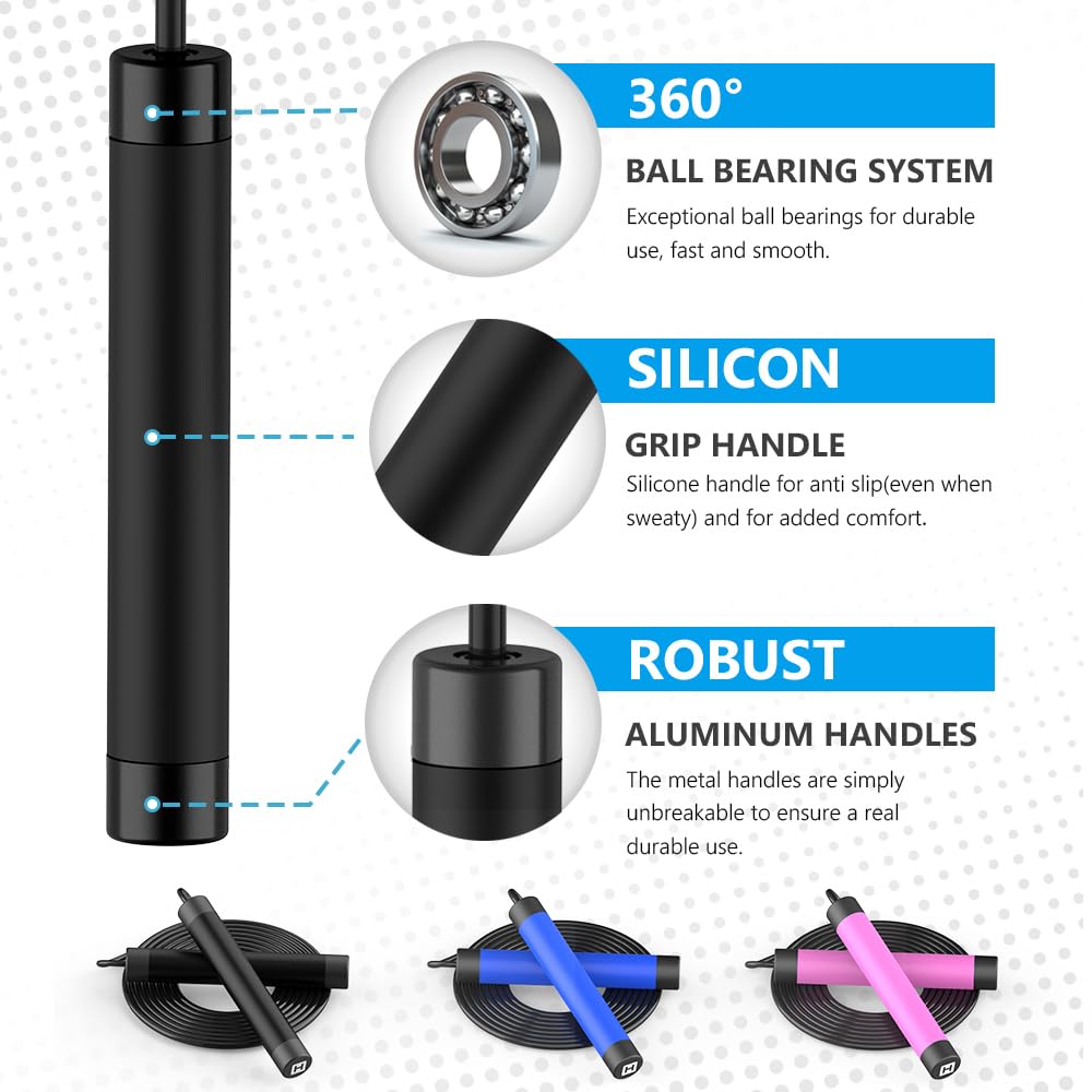 Jump Rope, HANDIO jump ropes 1/2 lb Weighted Jump Rope for Boxing, Cardio, Crossfit Workout, 8~10ft Range Adjustable Length Steel Ropes with Ball Bearings and Metal Handles, Jumpropes Suitable for Men