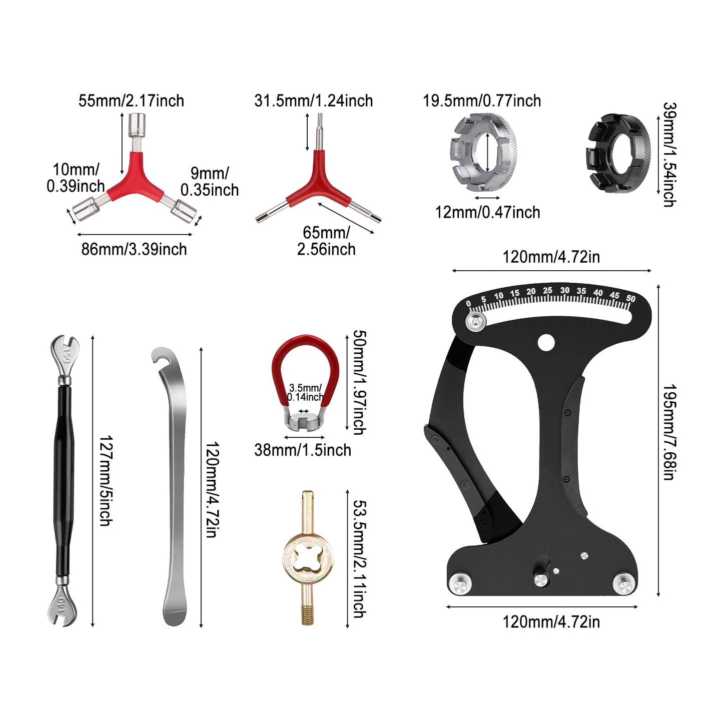 JOJOCY Bike Spoke Tension Meter Spoke Adjustment Wrench Tool 13-Piece Set, Bicycle Tyre Repair Tool Prevent Deformation Spoke Tensiometers Bicycle Rim Truing Tool Y-Shaped Wrench Tire Lever