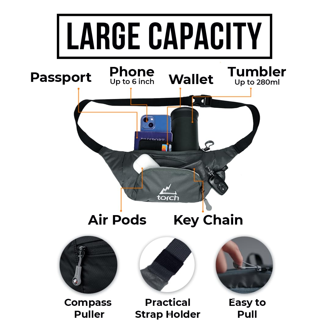 TORCH Belt Bag for Men - Fanny Pack Men Women with Compass Survival, Small Lightweight Hip Pack for Gym, Running, Hiking, Biking, Dog Walking - Vallejo (Grey)