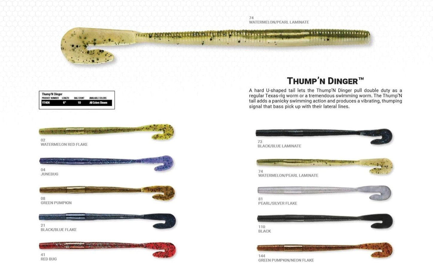 Yum Thump'N Worm Soft P;astic Swim Bait U-Tail Fishing Lure, 10 per Pack, Green Pumpkin/Neon Flake, 6"