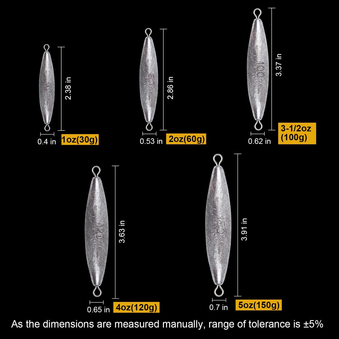 Through Wire Inline Torpedo Sinkers, Saltwater Bullet Fishing Weight for Trolling, Double Ringed One Piece Wire Fishing Weights for Bottom Fishing Surf Fishing 1-5 oz CWSDXM (1oz, 8pcs)
