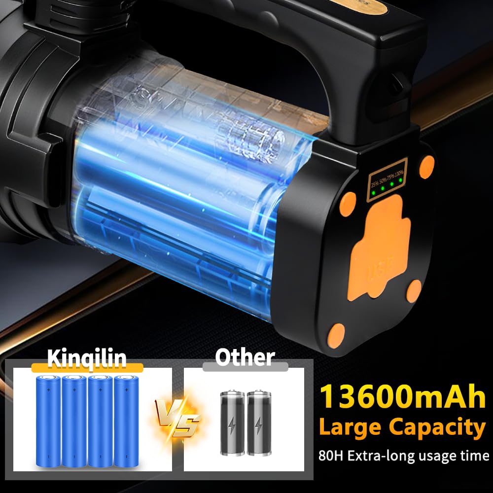 KINQILIN 1800LM Rechargeable Spotlight 13600mAh Spotlight Flashlight 80H Long Lasting IP67 Waterproof 3 Modes Spot Light for Outdoor Camping Home Emergency