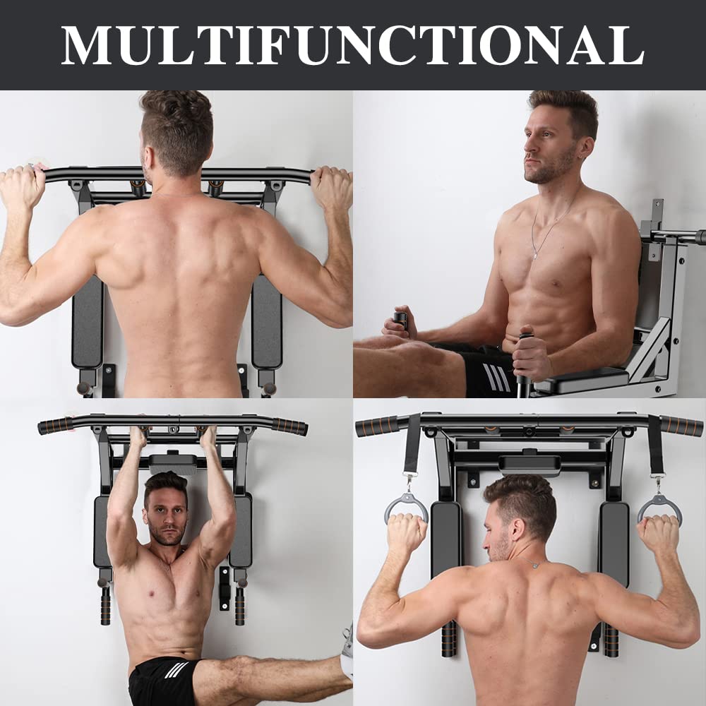 KAERMU Pull Up Bar Wall Mounted Chin Up Bar Wall Mount Multifunctional Dip Station for Indoor Home Gym Workout,Power Tower Set Training Equipment Fitness Dip Stand Supports to 440 Lbs