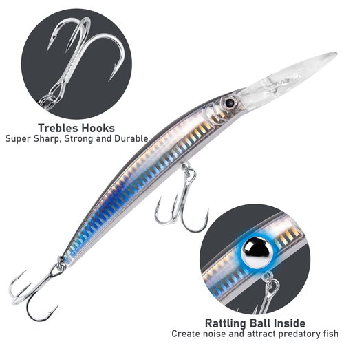 Dr.Fish 3 Pack Minnow Jerkbait 7" 13ft Deep Diving Saltwater Hard Lures, Fishing Trolling Lures Freshwater Fishing Plugs Mackerel Bluefish Bass Trout Walleye Sardine/Firetiger/Green Black