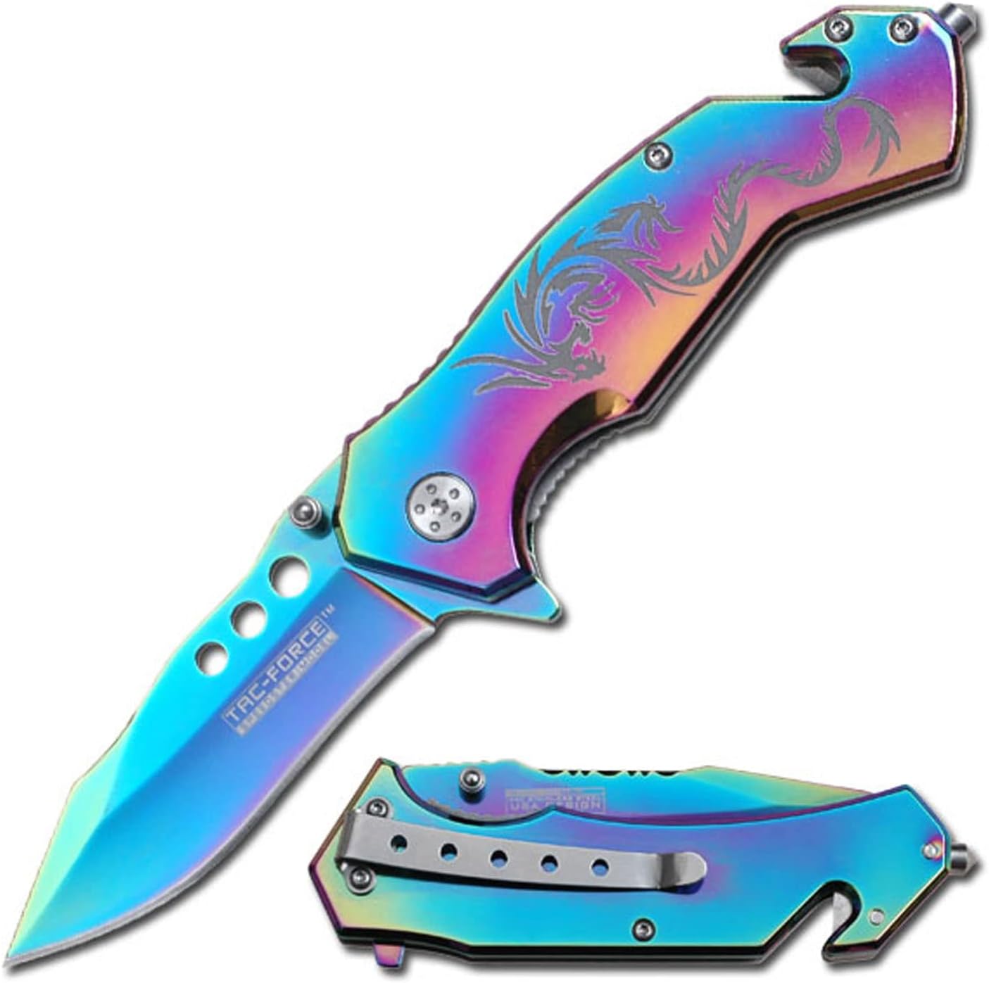 Tac-Force Folding Pocket Knife – Rainbow TiNite Coated Stainless Steel Blade and Handle with Etched Dragon, Rope Cutter, Glass Punch, Pocket Clip, Tactical, EDC, Rescue - TF-759RB