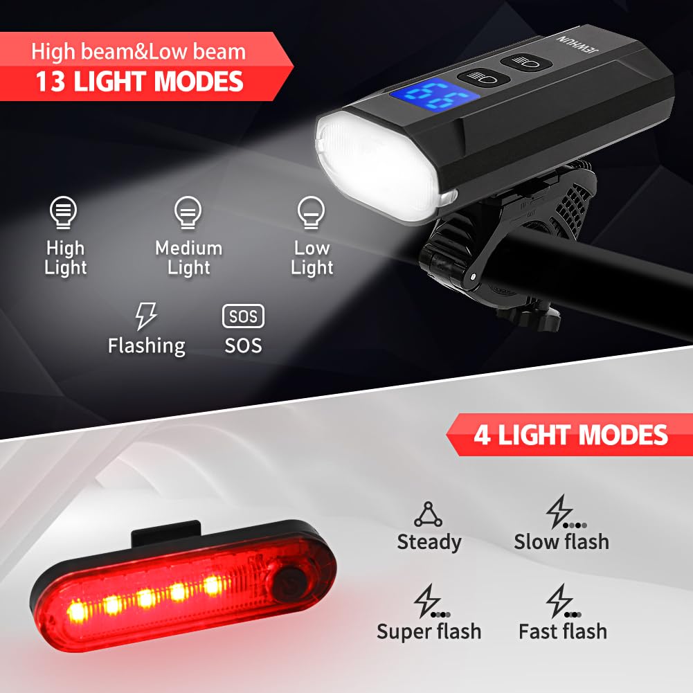 JEWHUN 1200 Lumen LED Bike Lights for Night Riding,Super Bright Rechargeable Bicycle Light,High Low Beam Bike Headlight, LCD Display, 13+4 Modes, Waterproof Front and Rear Bike Light