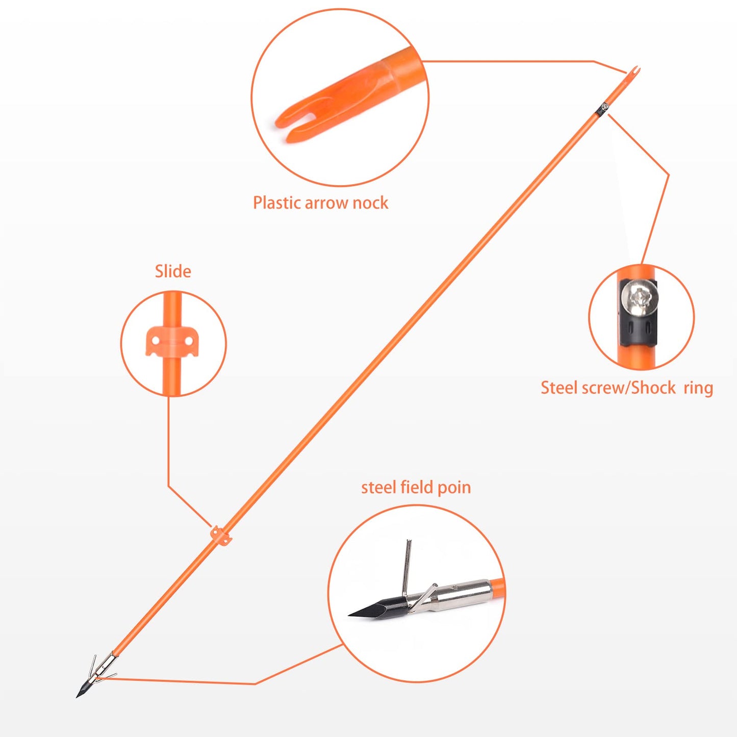GPP 32 inches Bowfishing Arrows Fish Hunting Solid Fiberglass Shaft with Broadheads and Safty Slides for All Bows Fishing Huntings,6 PCS