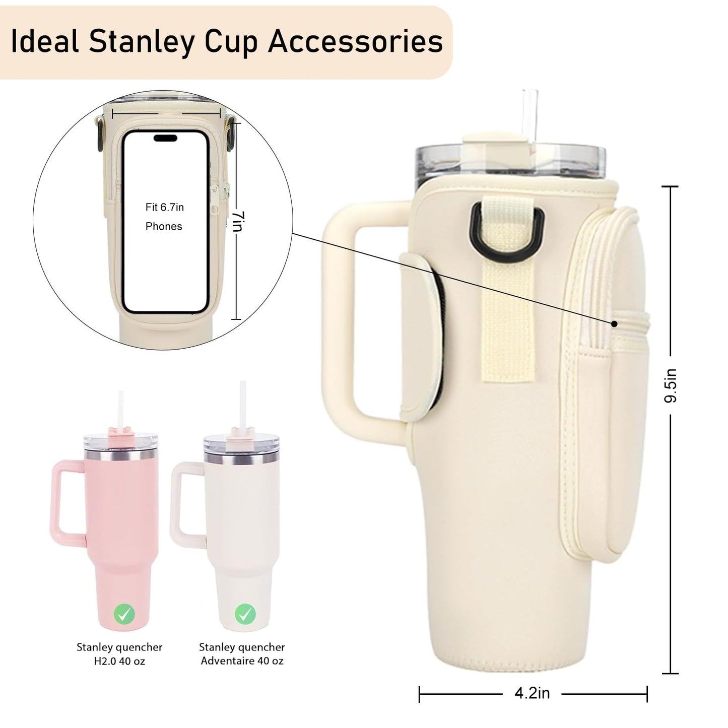 FYD Water Bottle Carrier Bag for Stanley 40oz Tumbler with Phone Pocket Neoprene Water Bottle Holder Pouch with Adjustable Strap, Straw Cover & Keychain for Stanley Cup Accessories (Beige)