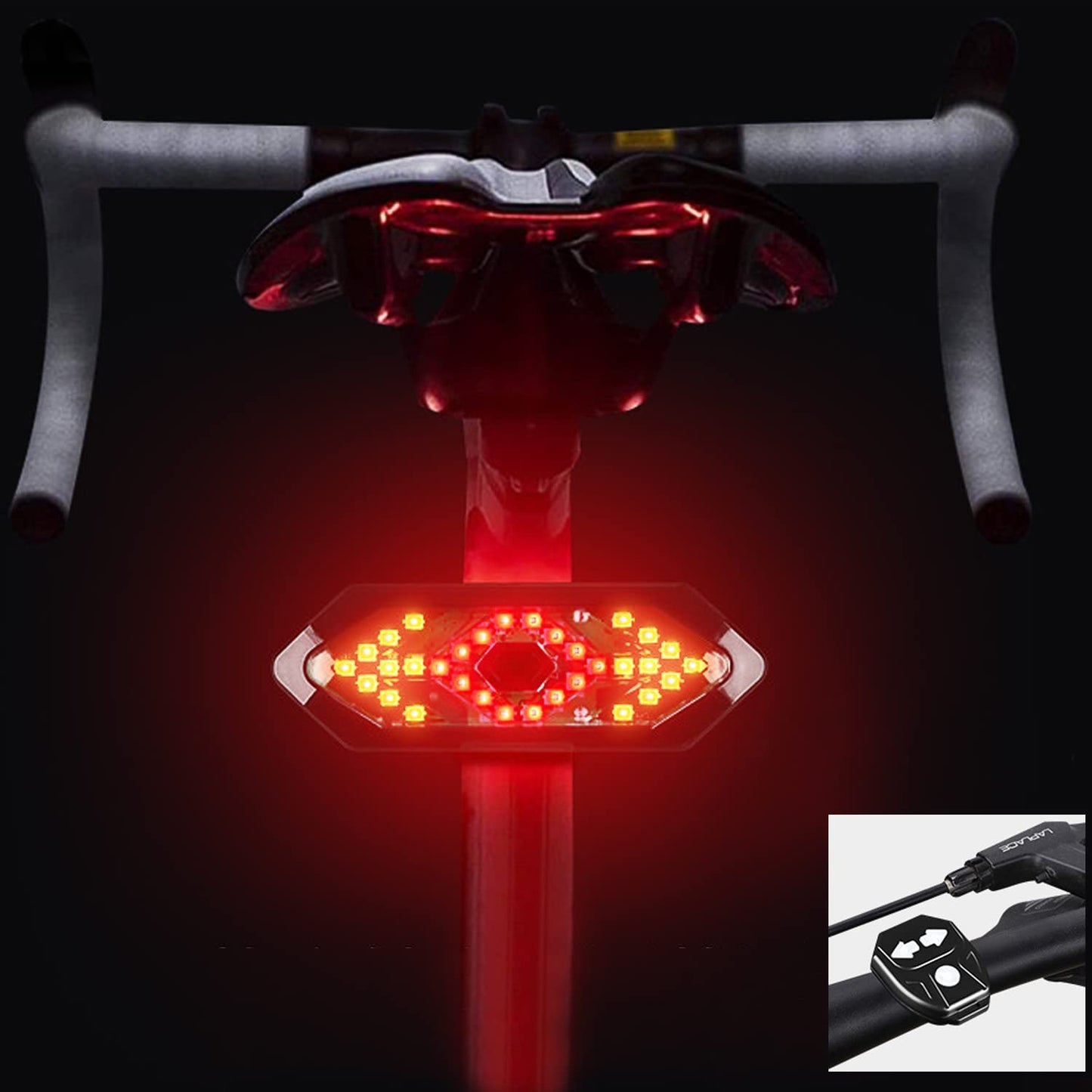 JHMUERN Bike Tail Light With Turn Signals - Ultra Bright Bicycle Taillight, Waterproof Safety Warning, Rechargeable Remote Control Cycling Rear Light With Horn for Night Riding