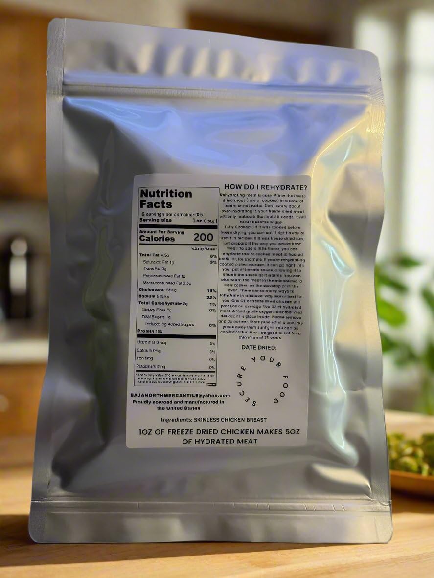 Cooked Freeze Dried Pulled Boneless Skinless Chicken Breast | 6oz Freeze-Dried makes 1.8 lbs. rehydrated | 25-year Shelf Life | Designed for Backpackers,Campers,Survivalist and Emergency Preparedness