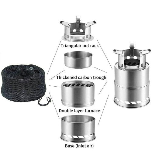BIUMALL Portable Outdoor Camping Stove Wood Burning Mini Lightweight Stainless Steel Stove Picnic BBQ Cooker Travel Adventure Tools