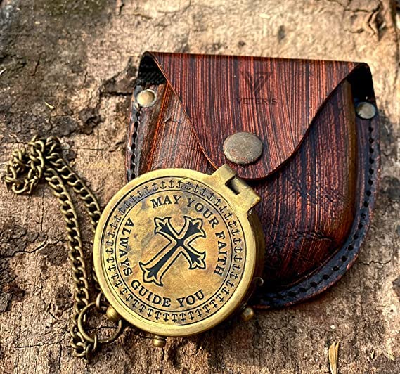 VETERIS Directional Engraved Compass Working May Your Faith Always Guide You, Baptism Gifts with Leather Case or Wooden Case for Loved Ones, Son, Father, Love, Partner, Spouse, Fiancé.