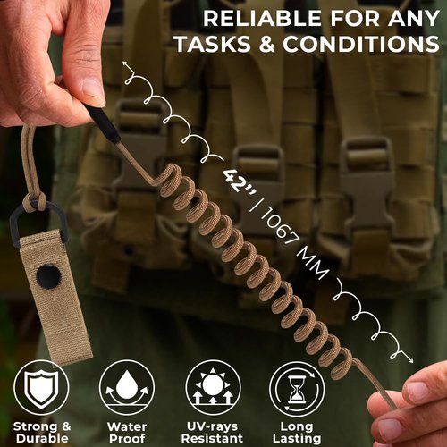 TECEUM Tactical Pistol Lanyard – Coyote – Equipment Accessories for Military, Police, Security & Personal Use – Spring Safety Strap with D-Ring Keeper – Anti-Lost Elastic Coil for Belt or MOLLE