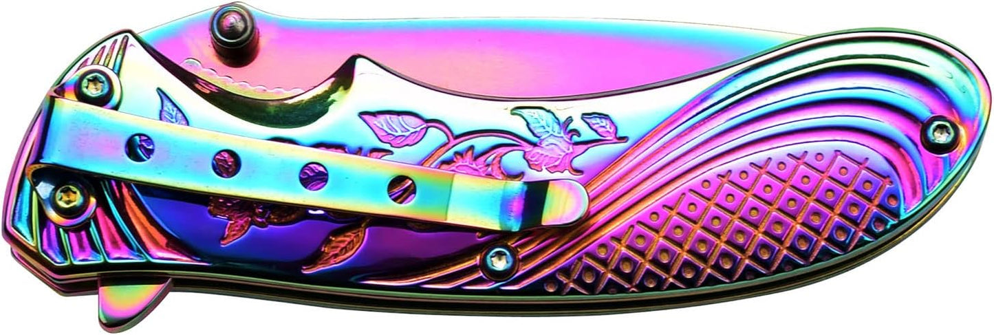 FEMME FATALE – Spring Assisted Open Folding Pocket Knife – Rainbow TiNite Coated Stainless Steel Blade and Handle w/Stamped Rose Design and Pocket Clip, EDC, Self Defense – FF-A008RB