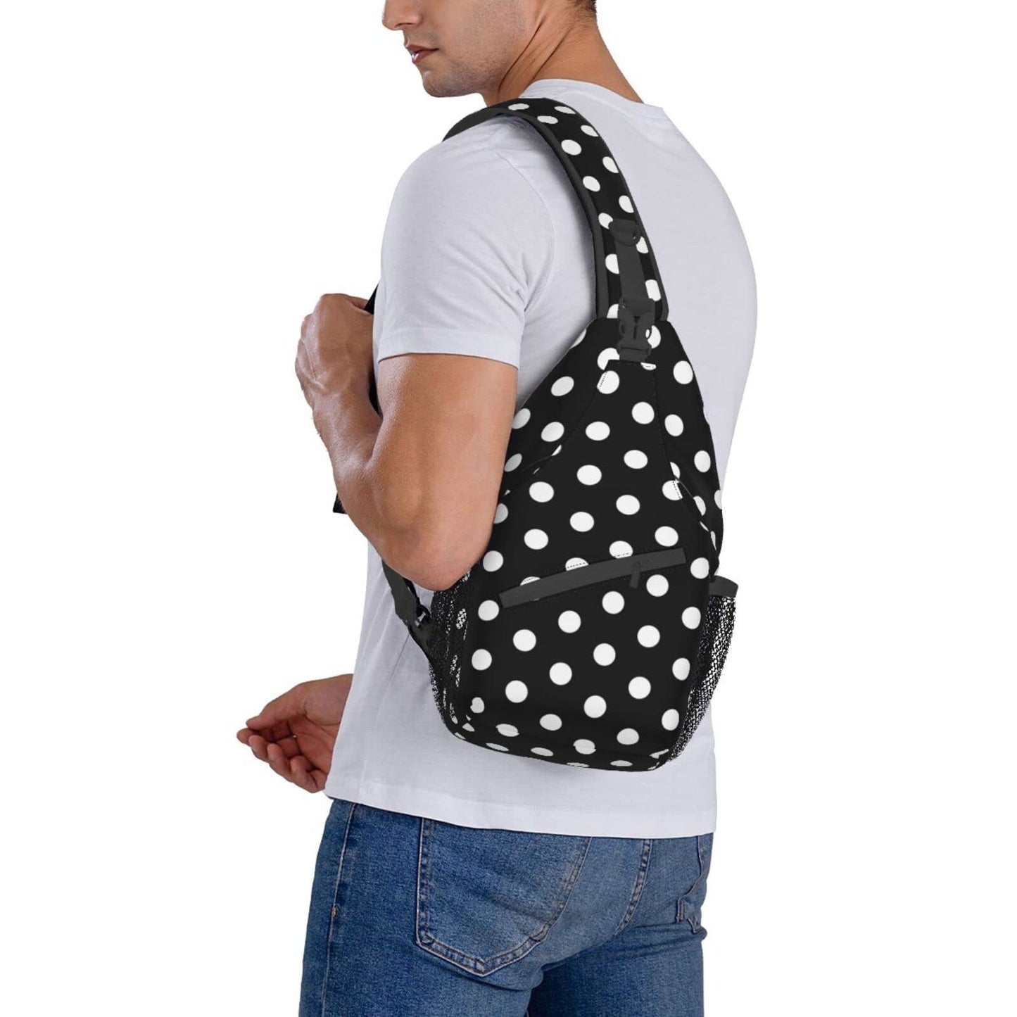 SURERUIM Black White Polka Dot Sling Bag for Women Men Crossbody Shoulder Backpack White Dots on Black Background Dice Design Chest Bags Abstract Dots Pattern Casual Travel Hiking Daypack