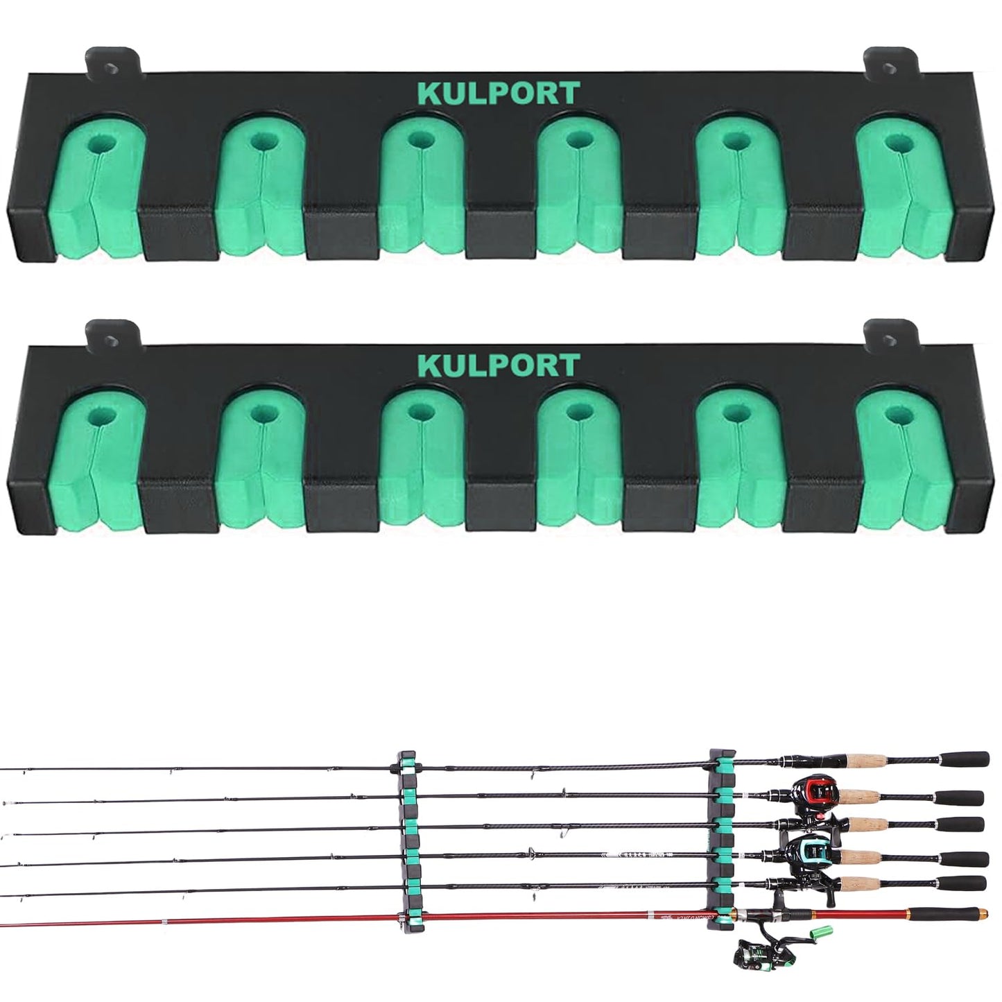 KULPORT Fishing Rod Rack Holders Wall-Mounted Fishing Pole Holder & Rack, Fishing Pole Holders for Garage & Boat 6-Rod Storage Racks(Horizontal Green, 1 Pair)