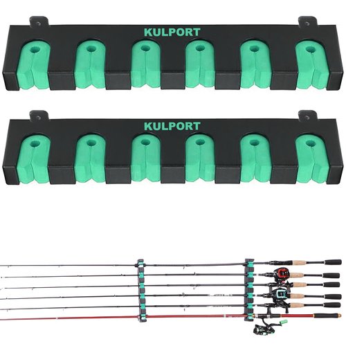 KULPORT Fishing Rod Rack Holders Wall-Mounted Fishing Pole Holder & Rack, Fishing Pole Holders for Garage & Boat 6-Rod Storage Racks(Horizontal Green, 1 Pair)
