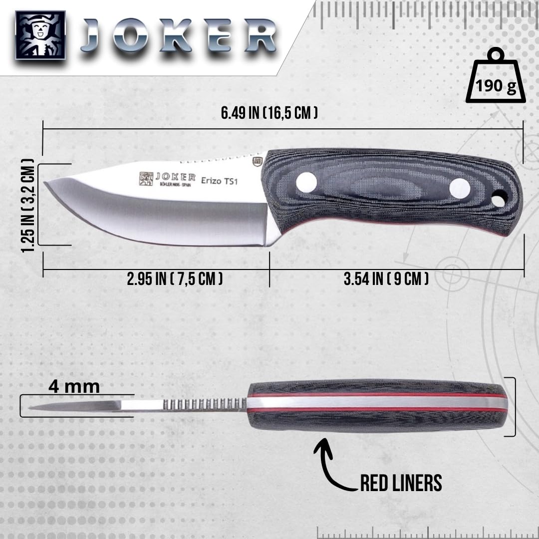 Joker "Erizo TS1 Sports Survival Knife, 2.95-inch Blade, Includes Kydex Sheath, 550 Paracord, Fishing, Hunting, Camping, and Hiking Tool (BLACK MICARTA, KYDEX SHEATH)