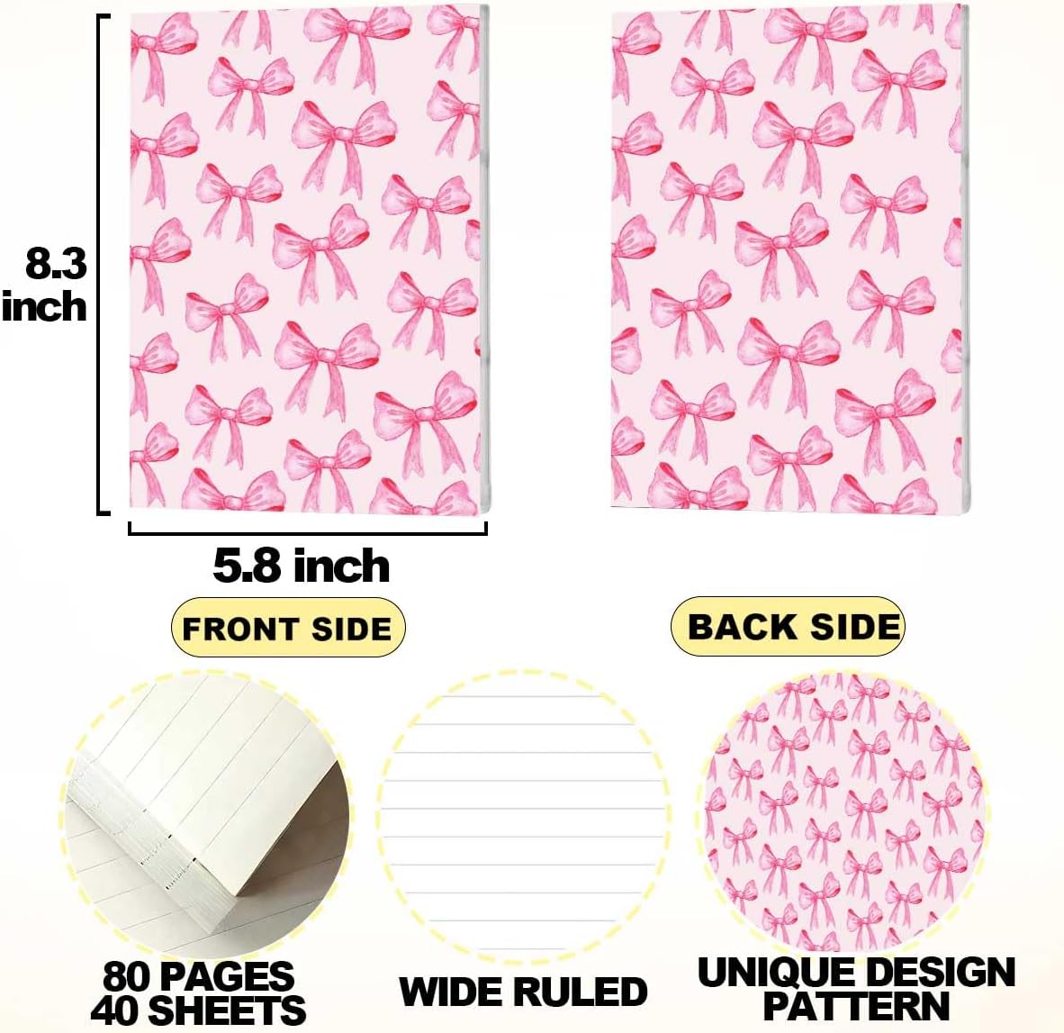 Pink Bow Notebook Journal, A5 Journal Notebook for Office Note Taking, 8.3 x 5.8 inch Writing Diary Subject Notebooks Planner, Travel Journaling-11