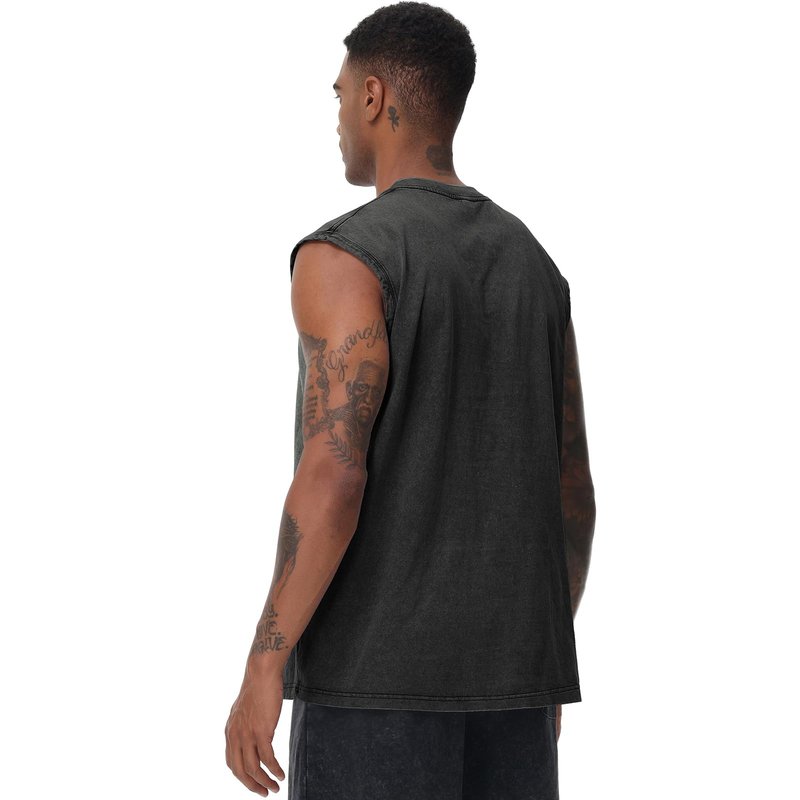 KEEPSHOWING Mens Workout Tank Tops Vintage Sleeveless Henley Shirts Muscle Gym Running Shirts Acid Wash Tops with Pocket(BK,XL) Black