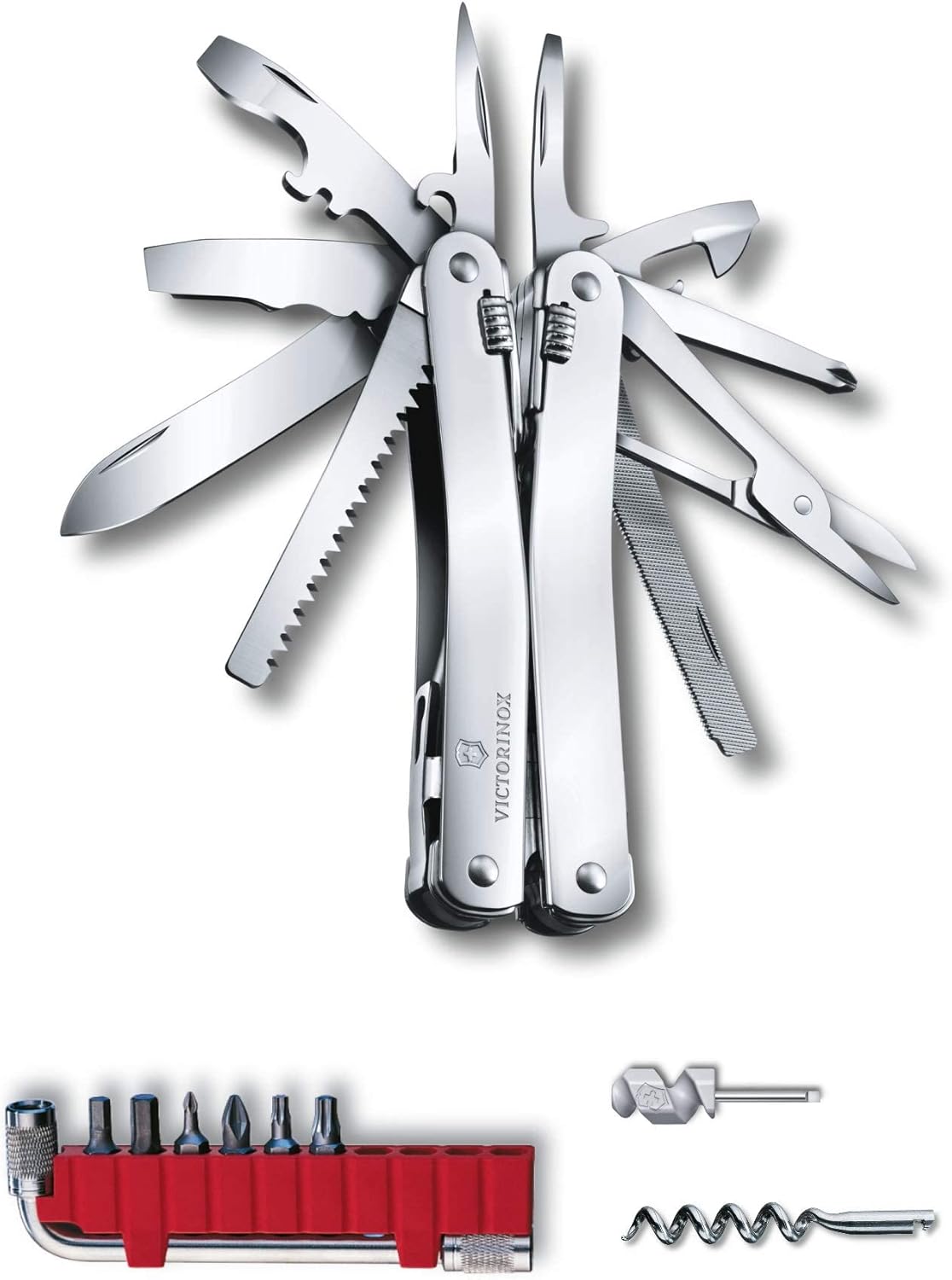 Victorinox Swiss Tool Swiss Army Knife, 24 Function Swiss Made Multi-Tool with Needle-Nose Pliers, Wire Cutters and Large Blade - Silver