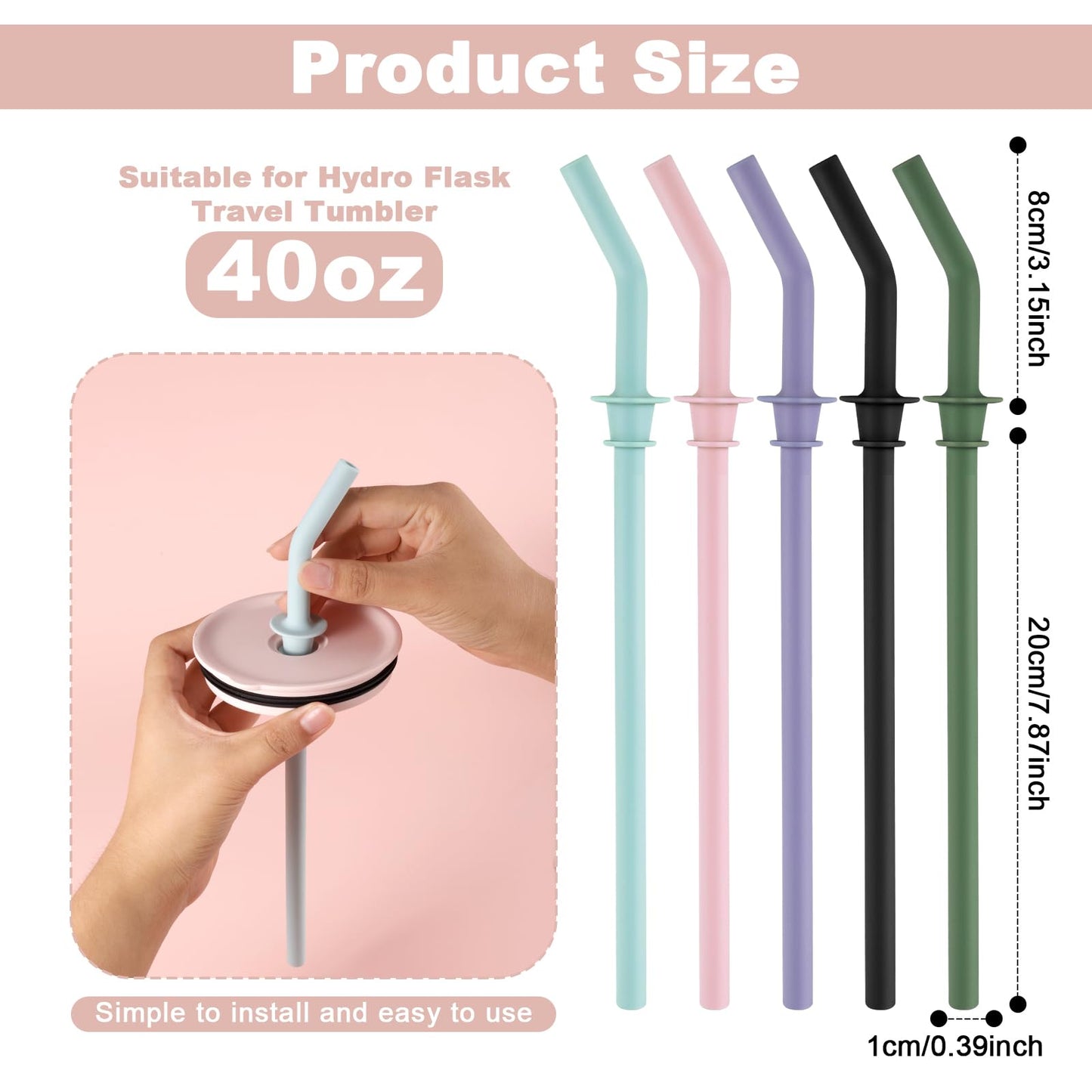 5pcs Press in Straw Replacement for Hydro Flask Travel Tumbler 40/32/28/20oz, BPA Free Reusable Silicone Straws for Hydroflask Water Bottle Lid Accessory Parts (Five Colors)