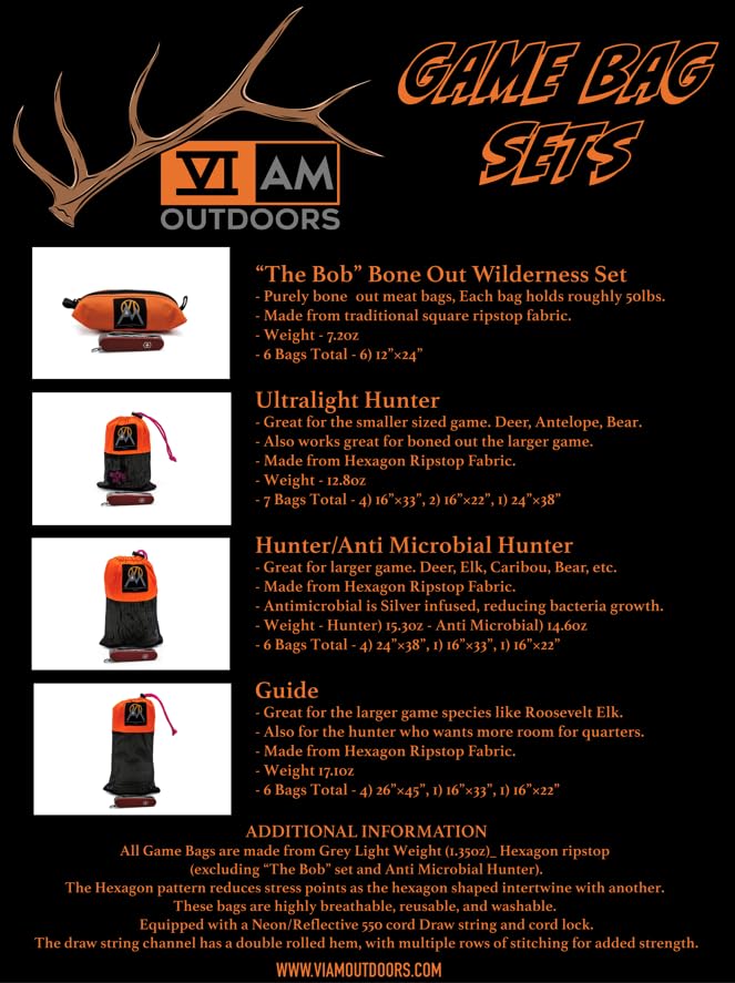 VIAM Outdoors Hunter Game Bag Set – 6-Pack for Elk, Deer, Caribou, Bear – Lightweight 1.35oz Hexagon Ripstop – Includes 4 (24"x38"), 1 (16"x33"), 1 (16"x22") – Breathable, Washable, Reusable