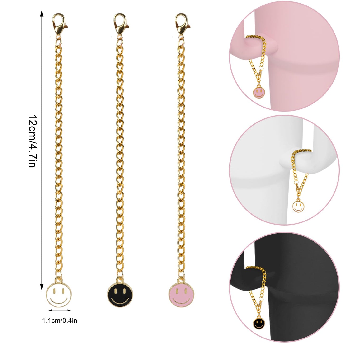 JarThenaAMCS 3Pcs Smile Face Water Bottle Charm Black White Pink Round Shape Charm Happy Face Charm Accessories for 30 & 40 OZ Tumbler with Handle