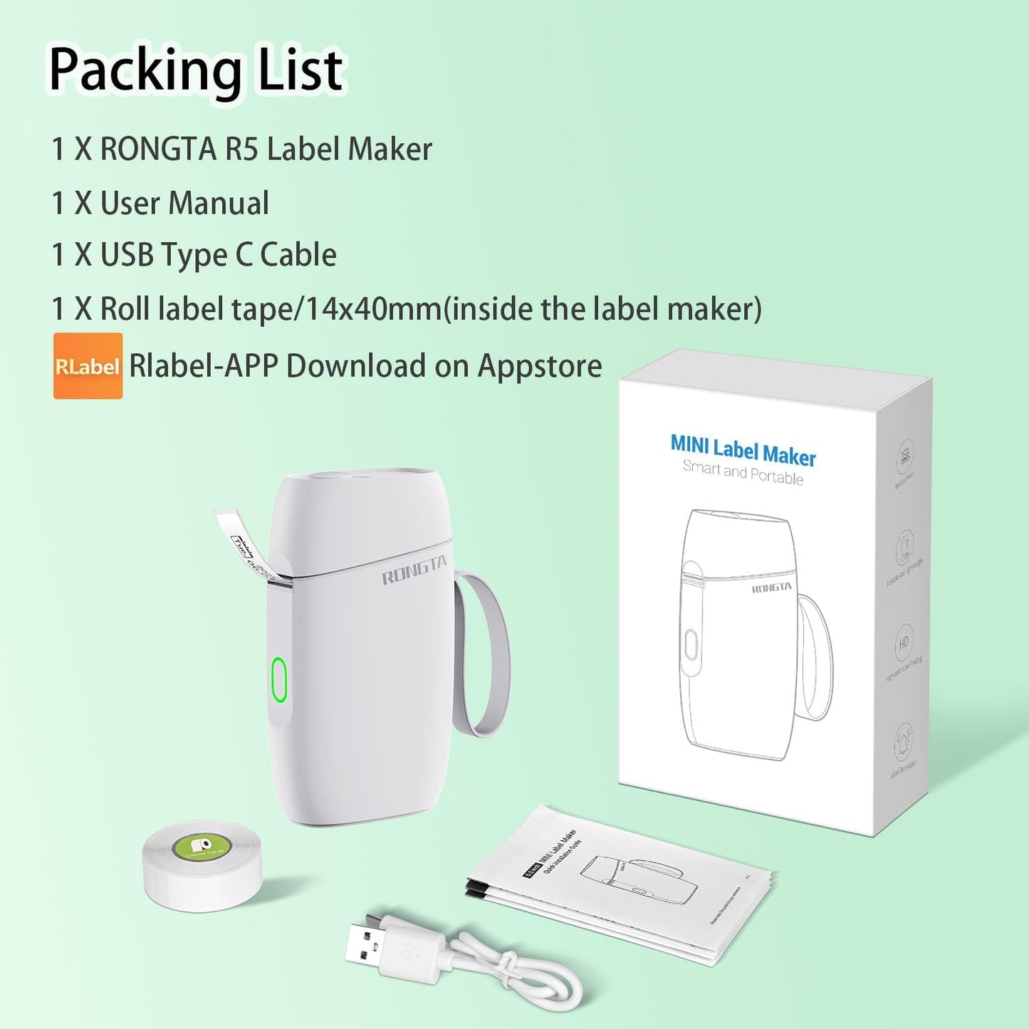 Rongta Label Maker Machine with Tape, Bluetooth Label Printer, Wireless Mini Label Makers with Multiple Templates for Organizing Office Home, (White)