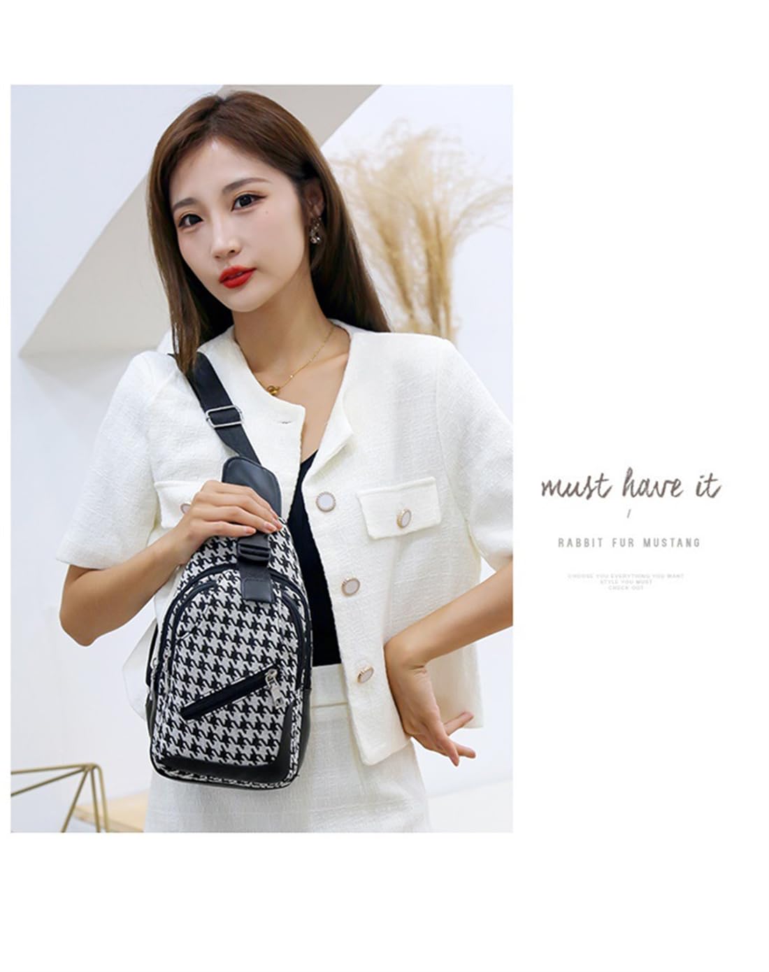 DAISHA Houndstooth Canvas Shoulder Casual Sling Bag Backpack Multi-pocket,Chest Bag Crossbody Daypack for Men Women. (Black)