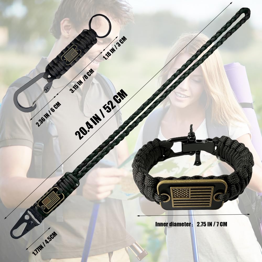 DIHAIMI Heavy Duty Paracord Set - Lanyard Necklace, Carabiner Keychain, and Tactical Survival Bracelet for Men and Woman with Bronze USA Flag