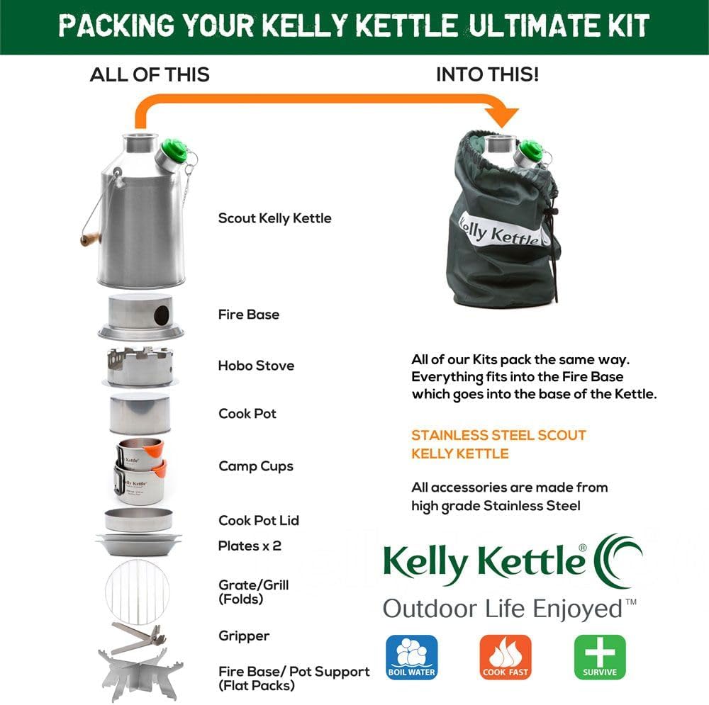 Kelly Kettle® Ultimate 'Scout' Kit VALUE DEAL | 41oz Steel Camp Kettle, Cook Set, Hobo Stove, Cups, Plates, Base Support | Use Sticks to Boil & Cook Fast | Camping, Fishing, Picnics, Emergencies