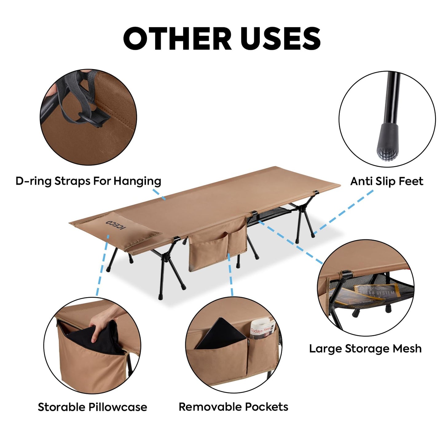 ICECO Camping Cots for Adults, Height Adjustable with Cot Leg Extenders, Strong Support 330lbs, 900D Oxford Fabric, Ultralight Comfortable, Sleeping Bed for Camping, Hiking, Beach, Home (L-Khaki)