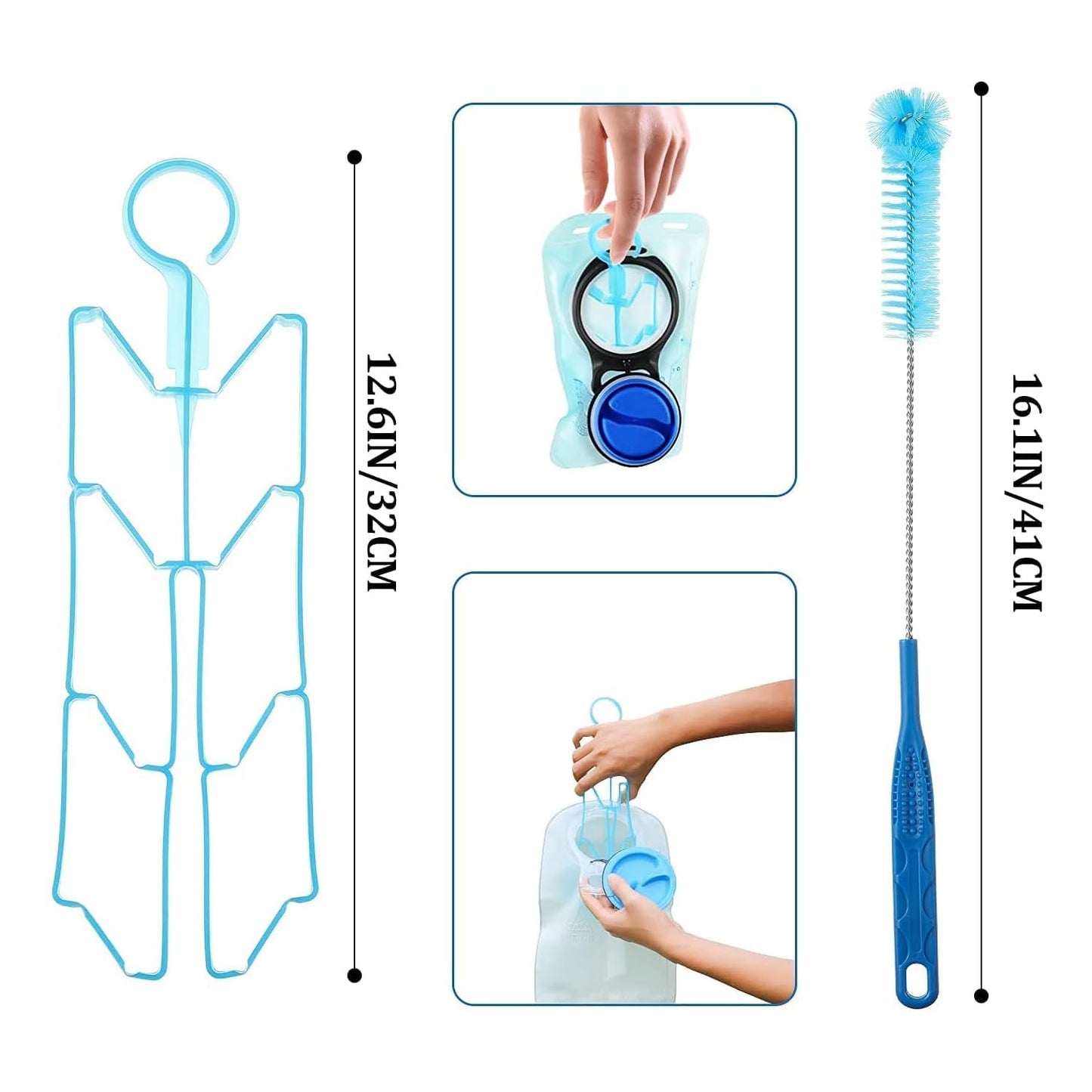 Hydration Bladder Cleaning Kit, Water Bladders Cleaner Set with Flexible Long Brush for Hose, Small Bite Valve Brush, Big Brush, Drying Collapsible Bladder Frame, Carrying Pouch (4 Pieces Set)