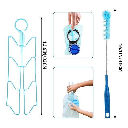 Hydration Bladder Cleaning Kit, Water Bladders Cleaner Set with Flexible Long Brush for Hose, Small Bite Valve Brush, Big Brush, Drying Collapsible Bladder Frame, Carrying Pouch (4 Pieces Set)