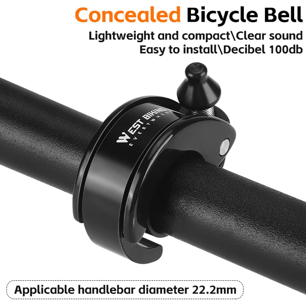 LESOVI Hidden Bike Bell, MTB Bicycle Bells for Adults or Kids, 100dB Loud Crisp Clear, Mountain Bike, e Scooter, Walker - for 22.2mm/0.78in Handlebars (Black 0.87"/22.22mm)
