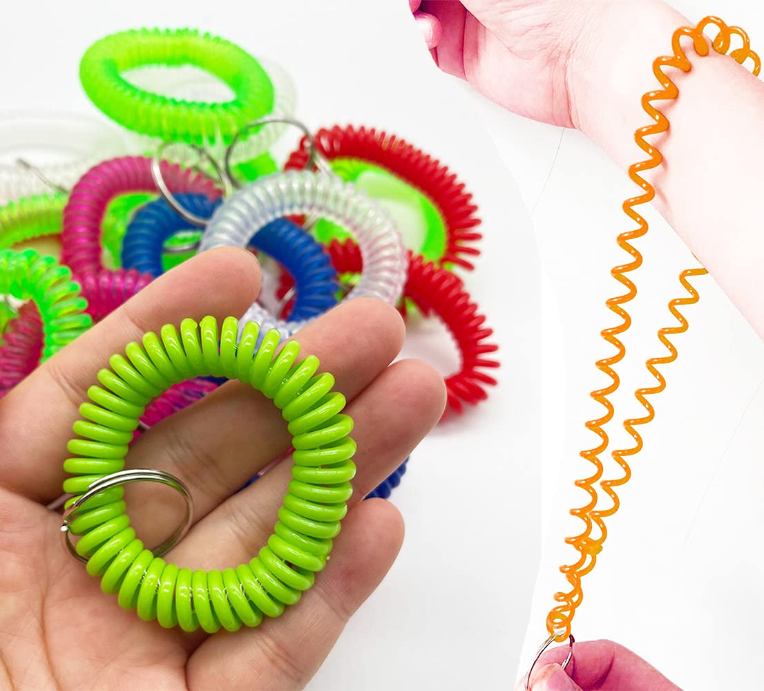 Kbraveo 100 PCS Multicolor Plastic Stretchable Spiral Coil Bracelet Keychains for Office, Sports, and Outdoor Activities