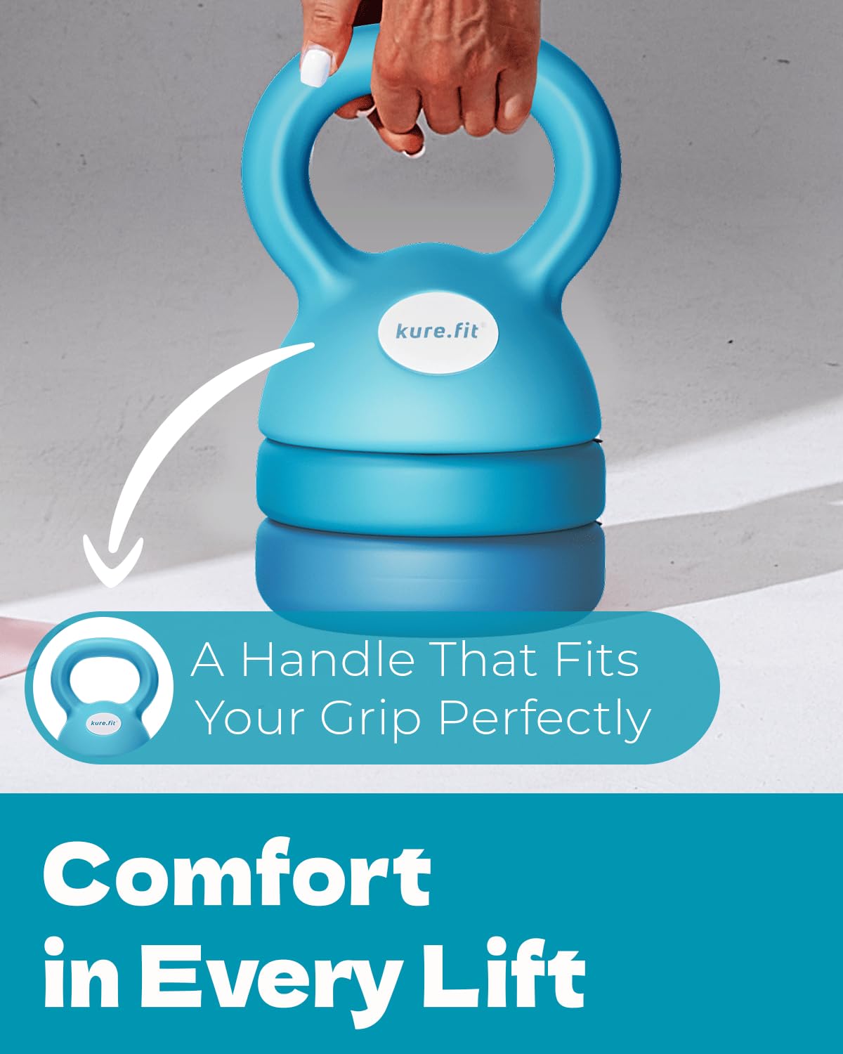 kure.fit Adjustable Kettlebell | 5 lb - 12 lb | Kettlebell Weights Set for Home Gym | Full-Body Workouts, Strength Training, Weight Loss | Fabric Booty Band | Beginners & Women | Teal Blue