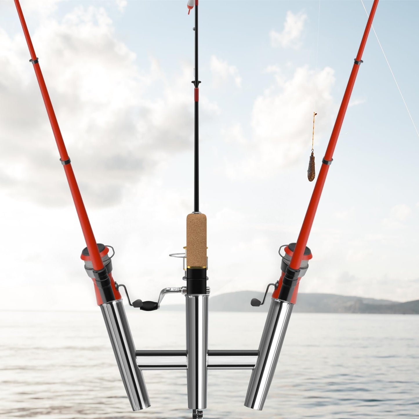 NovelBee 3 Tube Fishing Rod Holders,Polished Stainless Steel Trident Outrigger Stylish Rod Holder,Adjustable Kite Fishing Mount 3-Rod Holder