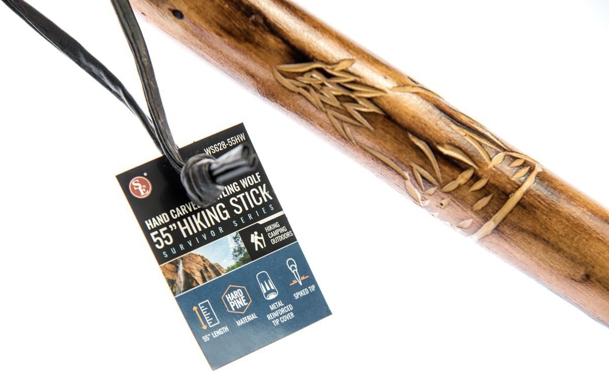 SE Survivor Series Wooden Walking/Hiking Stick with Hand-Carved Howling Wolf Design, 55" - WS628-55HW