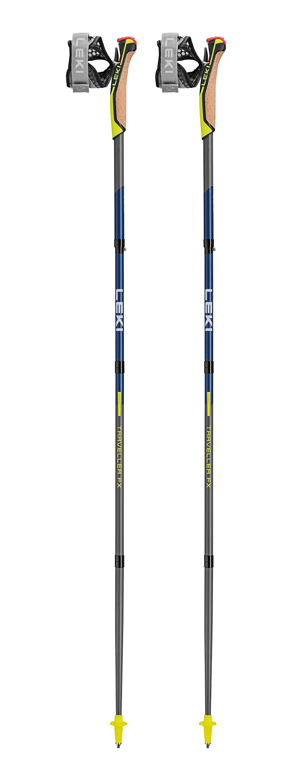 LEKI Traveller FX.One Carbon Collapsible Lightweight Trekking Poles for Hiking & Trail Running - Gray-Blue-Yellow - 115 cm