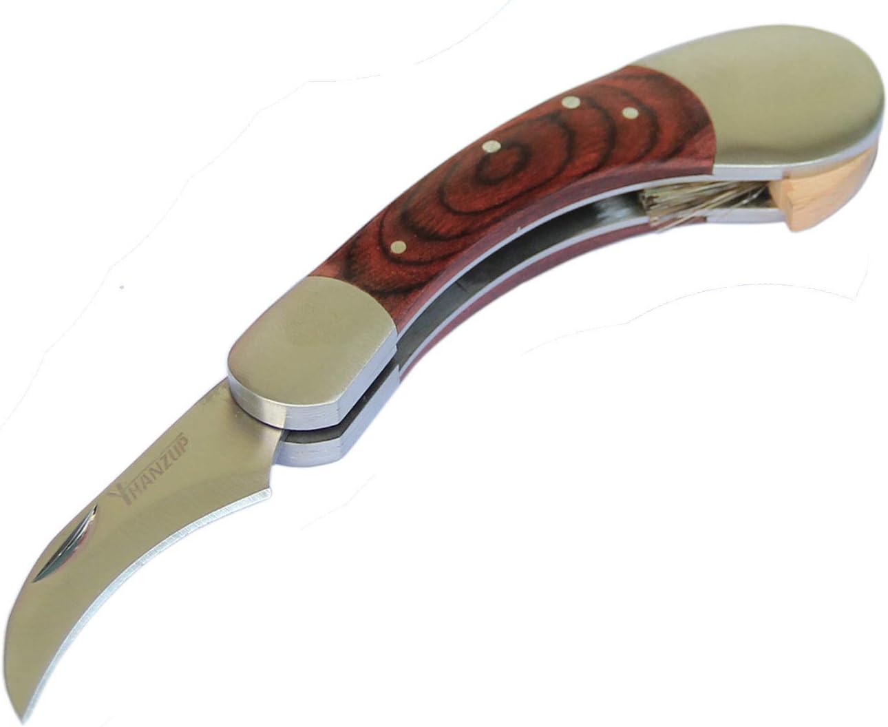 Folding Mushroom Knife with Neoprene Pouch Solid Wood Handle and Foldable Cleaning Brush