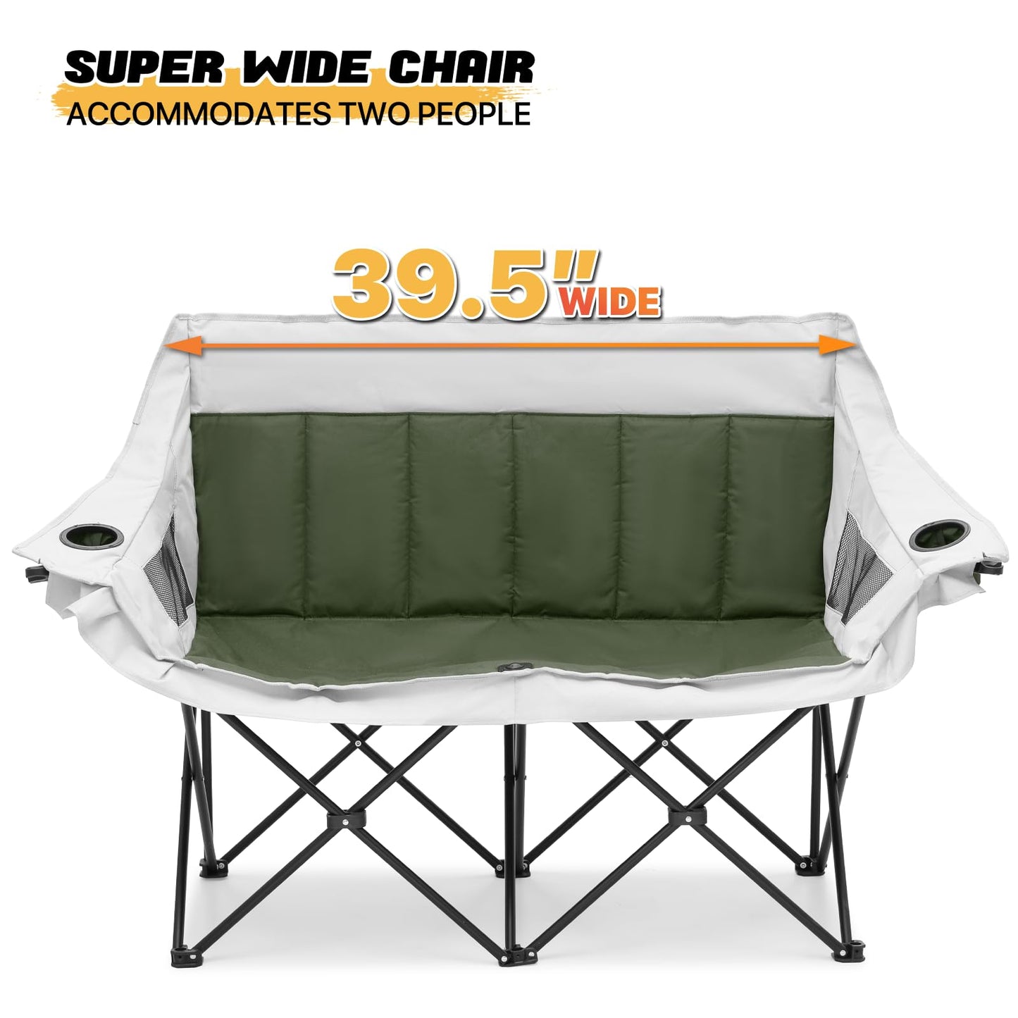 MoNiBloom Collapsible Double Camping Loveseat Chair Outdoor Beach Lawn Picnic Hiking Travel Portable Foldable Collapsible 2-Person Love Seat Camp Chair for Adults (Dark Green and Light Gray)
